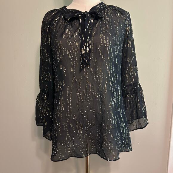 Lily Pulitzer Womens Size XS Black Sheer Gold Inlay Long Sleeve Blouse Top - Picture 2 of 11